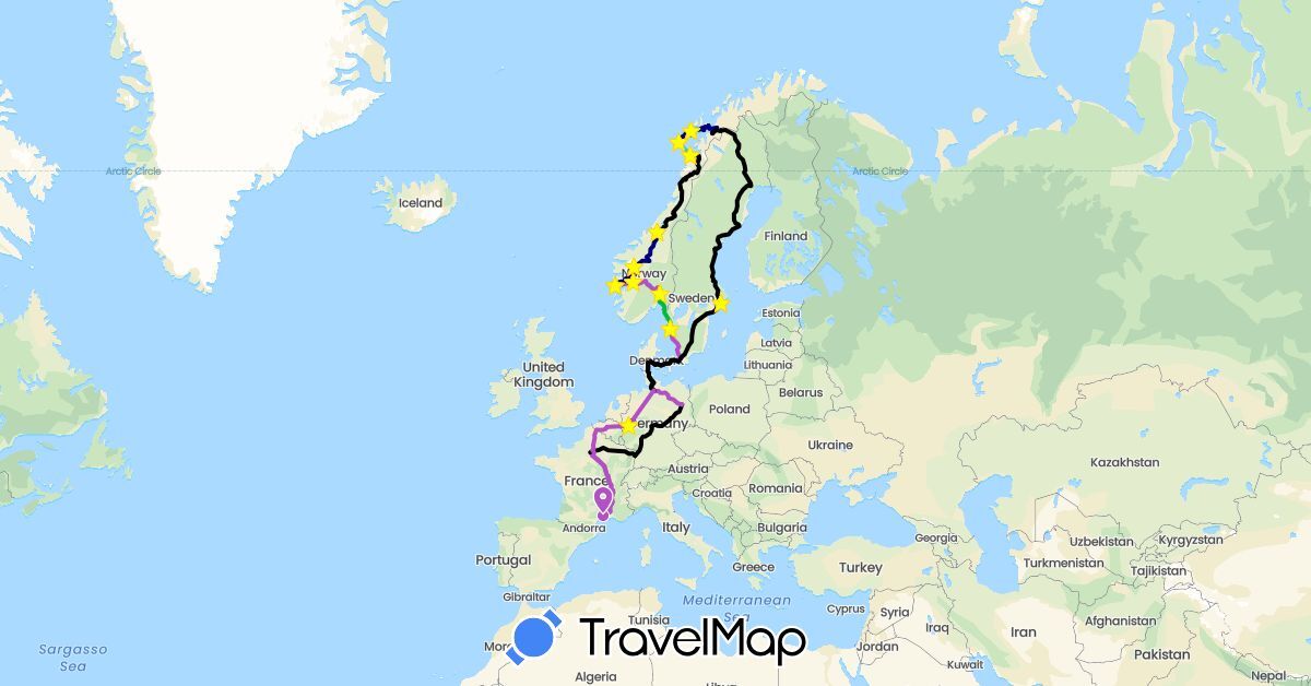TravelMap itinerary: driving, bus, train, boat, night train, train réservé, train de nuit réservé in Belgium, Germany, Denmark, France, Norway, Sweden (Europe)
